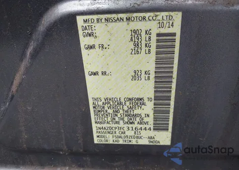 2015 Nissan Leaf Sv z USA, uszkodzony, nr VIN 1N4AZ0CP3FC316444
